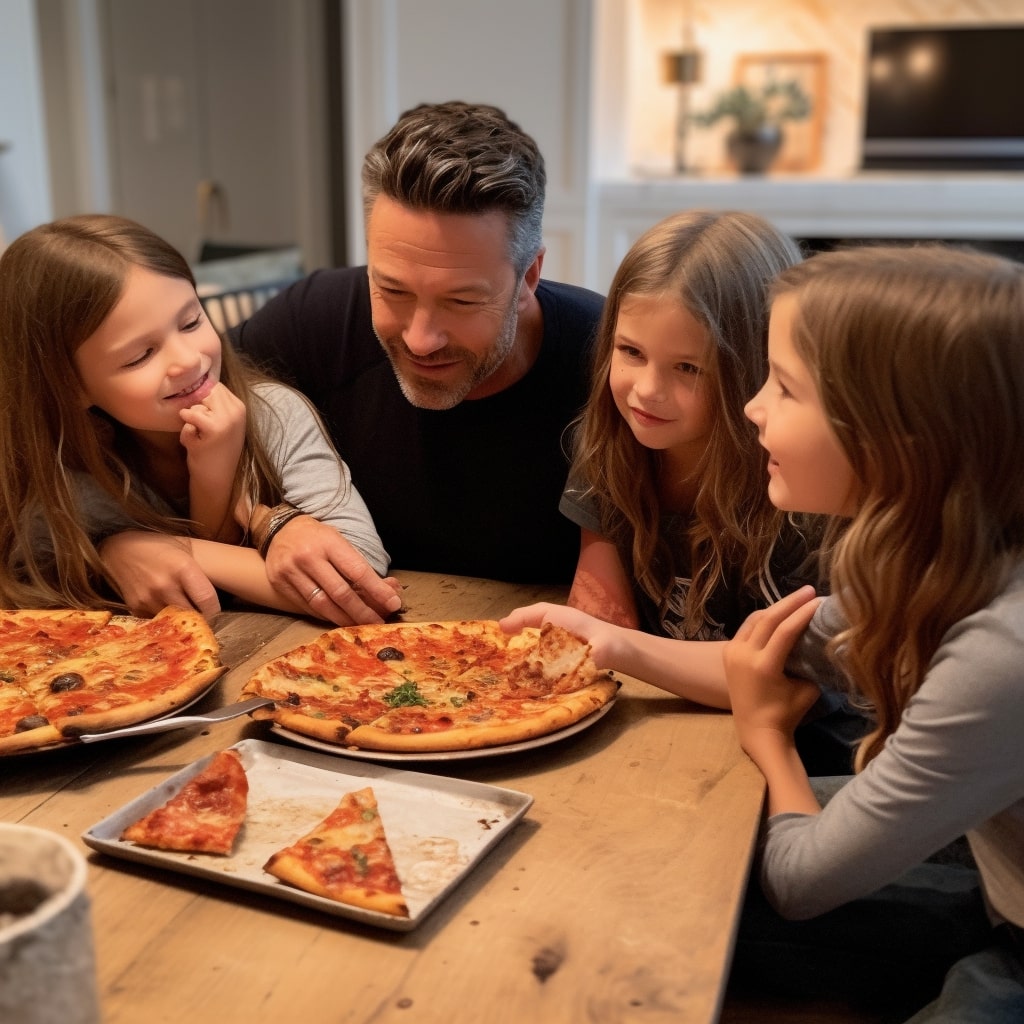 Family Enjoying Pizza at Restaurant Table