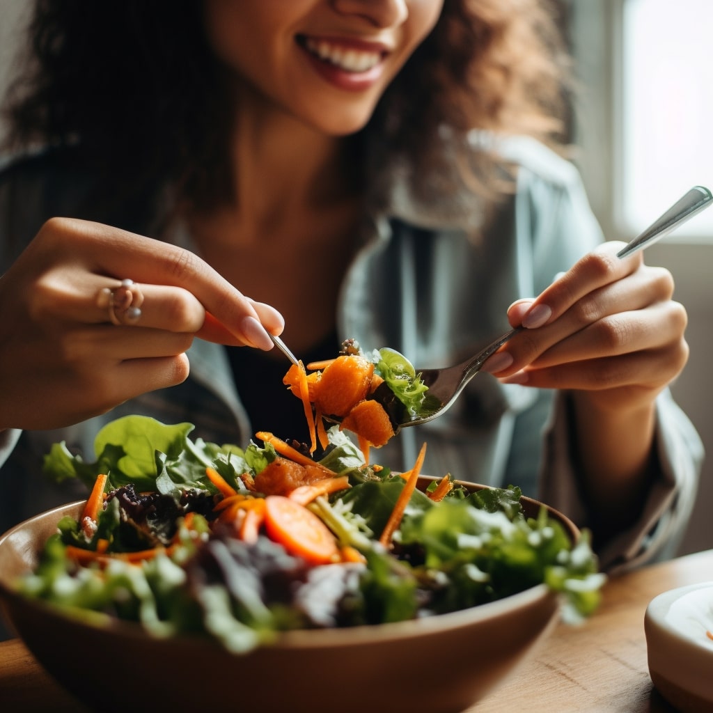 Customer Enjoying Fresh Salad at Restaurant